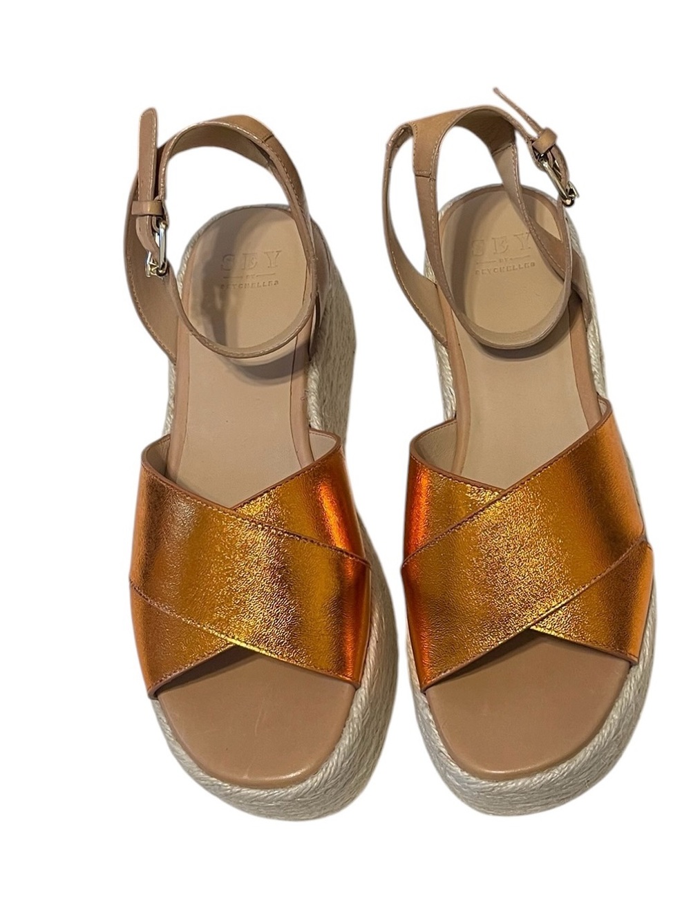 Seychelles SEY Anthropologie Metallic Orange Espadrille Wedge Sandal sz 9 NIB